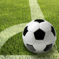 Ein schwarz-weißer Fußball sitzt auf grünem Rasen an einer weißen Linie - ideal für eine sportliche Tischdekoration mit PAPSTAR 20 Servietten, 33x33cm, 3-lagig, 4er Set von PAPSTAR GmbH bei Ihrer nächsten Veranstaltung.