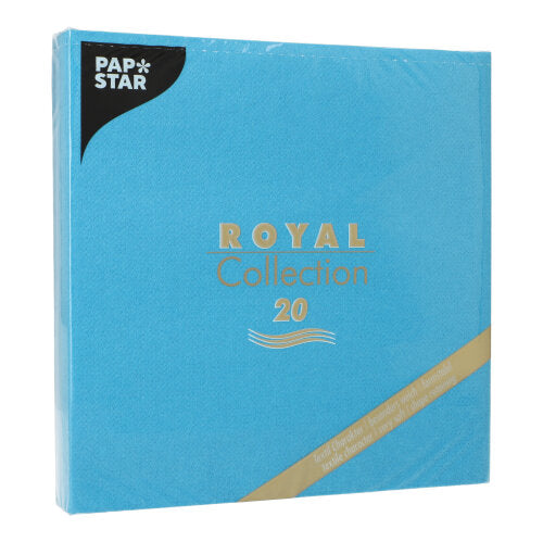 Eine blaue quadratische Verpackung der PAPSTAR GmbH mit der Aufschrift "20 Servietten ROYAL Collection 1/4-Falz 40x40 cm" enthält 20 Servietten, ideal für die Tischdekoration, eingeschweißt in klarem Kunststoff.