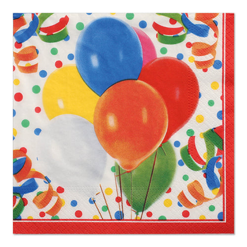 Embellissez votre fête avec les 100 serviettes PAPSTAR en 3 couches pli 1/4 (33 x 33 cm) de PAPSTAR GmbH avec un design joyeux de ballons, confettis, serpentins, bord rouge et points colorés sur fond blanc.