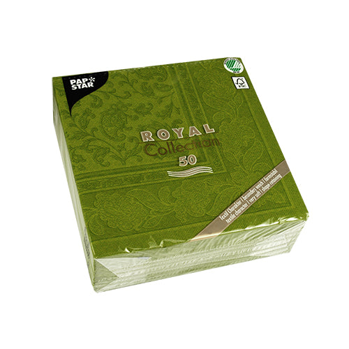 Eine grüne Packung PAPSTAR GmbH 50 Servietten "ROYAL Collection" 1/4-Falz, 40 x 40 cm, mit dezentem Blumendesign und Öko-Etiketten - ideal für festliche Anlässe.