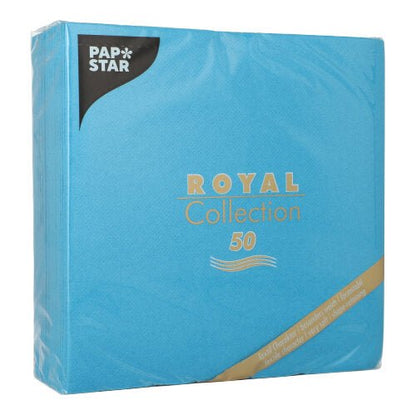 Un paquet de PAPSTAR GmbH 50 serviettes "ROYAL Collection" 1/4 pli, 40 x 40 cm, emballage turquoise avec des inscriptions argentées et dorées.