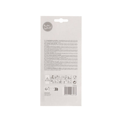 Die Rückseite einer PAPSTAR GmbH Geburtstagskerzen 10 cm, farbig sortiert mit Halter (12 Stück) Packung zeigt mehrsprachige Pflegehinweise, Warnsymbole, Piktogramme, einen Barcode und ein "Party Edition!"-Etikett - ideal für jede Geburtstagsfeier.