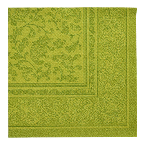 Serviette carrée verte de la PAPSTAR 20 serviettes "ROYAL Collection" (40 x 40 cm, 1/4 pliée) de PAPSTAR GmbH avec une bordure élégante de paisley et de feuilles - idéale pour une décoration de table élégante.