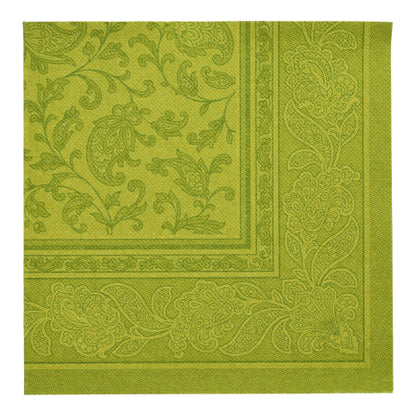 Serviette carrée verte de la PAPSTAR 20 serviettes "ROYAL Collection" (40 x 40 cm, 1/4 pliée) de PAPSTAR GmbH avec une bordure élégante de paisley et de feuilles - idéale pour une décoration de table élégante.