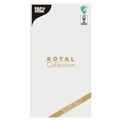 Une nappe en tissu « ROYAL Collection » (120 x 180 cm) de PAPSTAR GmbH avec un fond blanc, du texte doré et deux logos de certification dans le coin supérieur droit – idéale pour apporter de l'élégance à votre décoration de table.