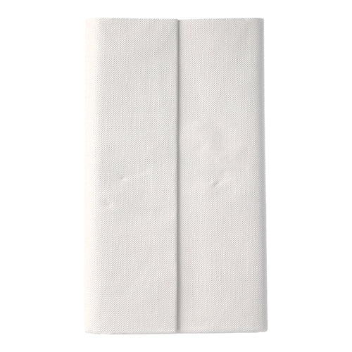 Une nappe blanche PAPSTAR de la ROYAL Collection (120 x 180 cm) de PAPSTAR GmbH est pliée verticalement en deux bandes et placée sur un fond blanc simple, mettant en valeur son design de haute qualité.