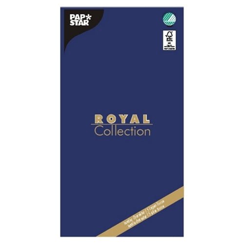 La nappe « ROYAL Collection » 120 cm x 180 cm de la PAPSTAR GmbH, Tissue, se présente dans un emballage bleu foncé avec un branding or-blanc ainsi qu'un logo de certification vert – offrant ainsi une décoration de table élégante et de haute qualité pour chaque occasion.