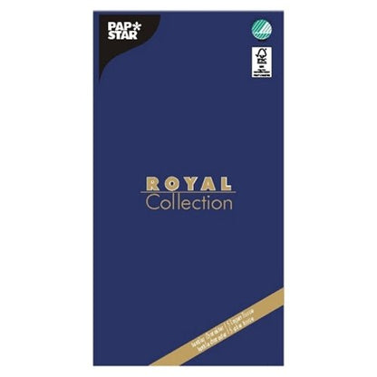 La nappe « ROYAL Collection » 120 cm x 180 cm de la PAPSTAR GmbH, Tissue, se présente dans un emballage bleu foncé avec un branding or-blanc ainsi qu'un logo de certification vert – offrant ainsi une décoration de table élégante et de haute qualité pour chaque occasion.