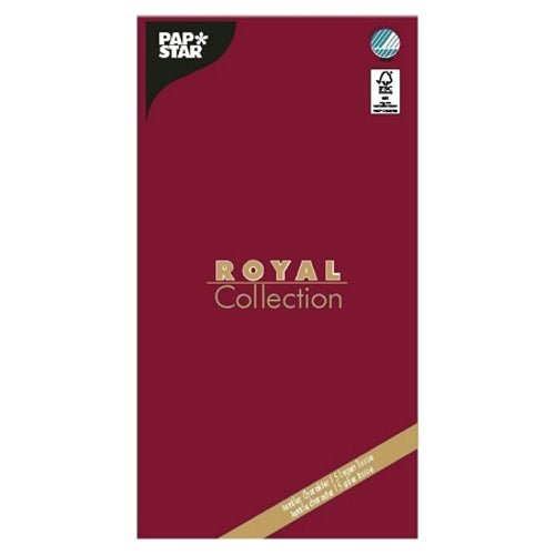 Un paquet rectangulaire marron avec l'inscription « PAPSTAR Nappe, Tissue ROYAL Collection 120 cm x 180 cm » de la PAPSTAR GmbH dispose de texte or-blanc, d'une étiquette ronde bleue et d'un logo de certification noir-blanc – idéal pour toute décoration de table.