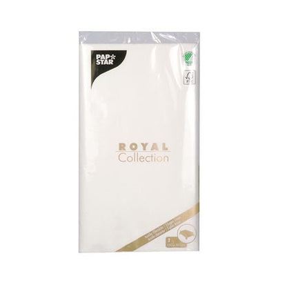 Une nappe scellée de la PAPSTAR GmbH, Tissue « ROYAL Collection » (120 cm x 180 cm), porte le nom et les informations du produit de la ROYAL Collection en noir et or – parfait pour être combiné avec des serviettes de qualité assorties.