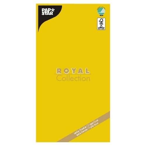 Un emballage rectangulaire jaune de PAPSTAR GmbH avec l'inscription « ROYAL Collection » contient des logos de certification et des détails de produit – idéal pour présenter la nappe de haute qualité, tissu « ROYAL Collection » 120 cm x 180 cm.