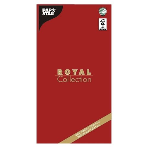Un paquet rectangulaire rouge avec l'inscription « PAPSTAR GmbH » et « ROYAL Collection » contient une nappe de haute qualité, 120 x 180 cm, avec du texte en bas et un signe de contrôle dans le coin supérieur droit.