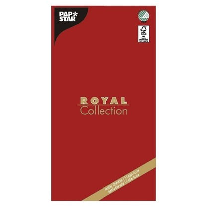 Un paquet rectangulaire rouge avec l'inscription « PAPSTAR GmbH » et « ROYAL Collection » contient une nappe de haute qualité, 120 x 180 cm, avec du texte en bas et un signe de contrôle dans le coin supérieur droit.