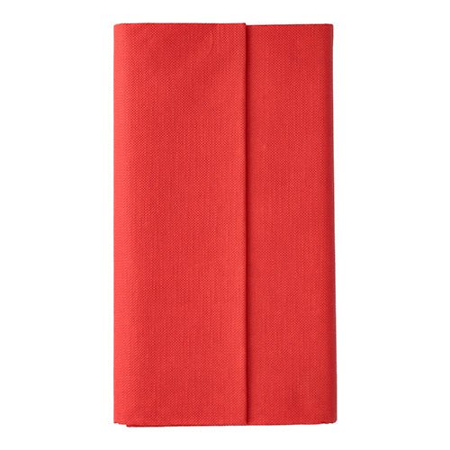 Une nappe rouge (120 x 180 cm) en matériau tissu de la « ROYAL Collection » de PAPSTAR GmbH se détache joliment sur un fond blanc simple et confère à la table une élégance souvent associée aux nappes de haute qualité.