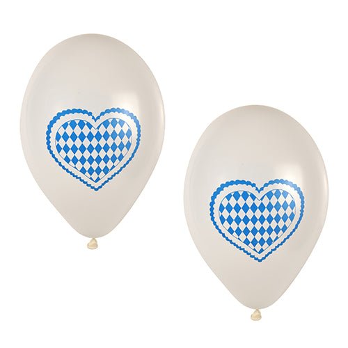 Deux PAPSTAR ballons "Bayrisch Blau" (Ø 25 cm) de PAPSTAR GmbH avec un cœur en losange bleu et blanc classique sont illustrés côte à côte - une décoration idéale pour l'Oktoberfest issue du pack fête de 20 pièces.