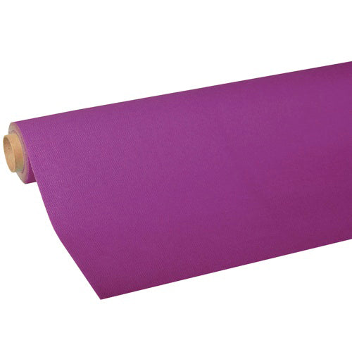 Un rouleau de nappe de PAPSTAR GmbH, tissu « Collection ROYAL » en violet, partiellement déroulé, pour montrer la qualité de tissu de haute qualité, enroulé autour d'un noyau en carton brun.
