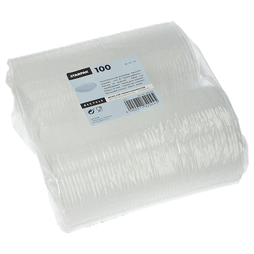 Eine transparente, mit Folie umwickelte Packung mit 100 Starpak-Deckeln für Verpackungsbecher (rund, Ø10,1 cm, 0,8 cm) aus PP. Auf dem Etikett werden Produktdetails, Barcode und Recyclingsymbole angezeigt.