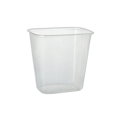 Le gobelet d'emballage Starpak 100, PP rectangulaire transparent, est un récipient clair de 250 ml avec des bords légèrement arrondis et des rainures verticales - parfait pour le stockage des aliments. Ici illustré sur un fond blanc.
