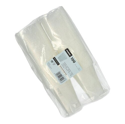 Illustré est un paquet scellé de 100 gobelets d'emballage Starpak, PP rectangulaire transparent (250 ml), avec une étiquette de produit blanche - parfait pour le stockage des aliments.
