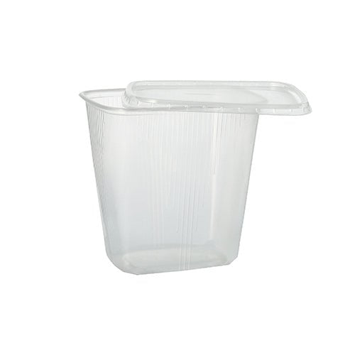 Le gobelet d'emballage Starpak 100 est un récipient alimentaire clair et rectangulaire de 250 ml en PP avec un couvercle assorti, légèrement ouvert sur un fond blanc simple. Idéal pour le stockage des aliments.