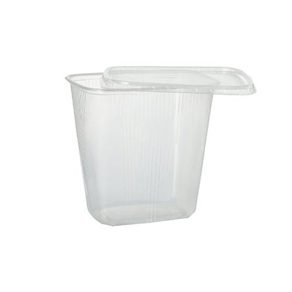 Le gobelet d'emballage Starpak 100 est un récipient alimentaire clair et rectangulaire de 250 ml en PP avec un couvercle assorti, légèrement ouvert sur un fond blanc simple. Idéal pour le stockage des aliments.