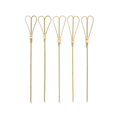 Fünf PAPSTAR 100 Fingerfood - Picker der PAPSTAR GmbH mit Schlaufenaufsätzen sind in einer Reihe vor weißem Hintergrund angeordnet und eignen sich ideal als stilvolle Fingerfood-Picker zum Servieren.