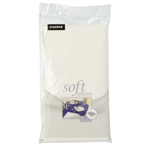 Un emballage en plastique transparent contient une nappe Starpak blanche pliée, en non-tissé semblable à du tissu « Soft Selection », taille 120 cm x 180 cm, avec l'image d'une table dressée sur le devant.