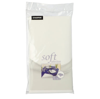 Un emballage en plastique transparent contient une nappe Starpak blanche pliée, en non-tissé semblable à du tissu « Soft Selection », taille 120 cm x 180 cm, avec l'image d'une table dressée sur le devant.