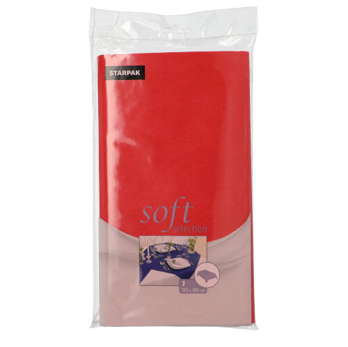 Une nappe Starpak, en non-tissé semblable à du tissu « Soft Selection » (120 x 180 cm), est emballée dans un film transparent et montre sur le devant la nappe pliée et une petite image d'une table dressée.