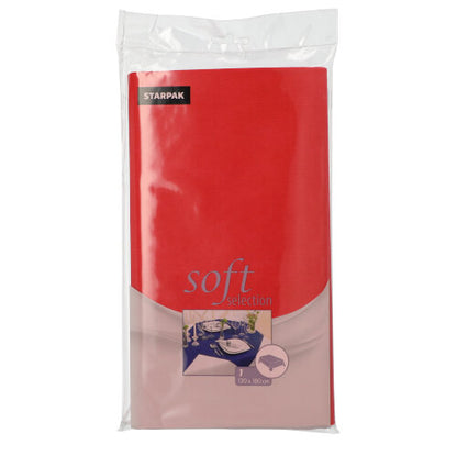 Une nappe Starpak, en non-tissé semblable à du tissu « Soft Selection » (120 x 180 cm), est emballée dans un film transparent et montre sur le devant la nappe pliée et une petite image d'une table dressée.