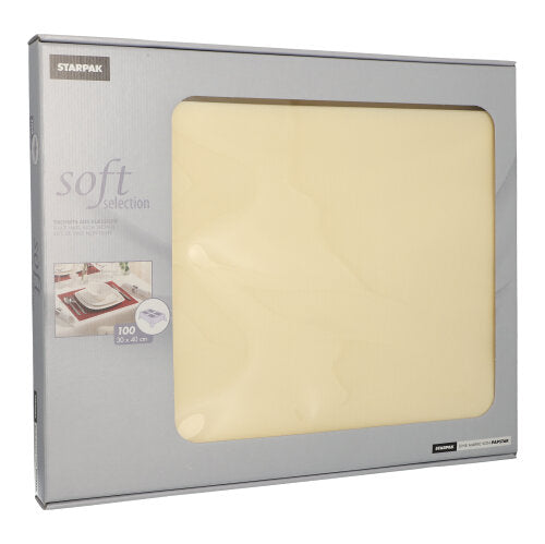 Une boîte de sets de table Starpak Soft Selection en non-tissé semblable à du tissu contient 100 sets de couleur crème au format 30 x 40 cm. L'emballage partiellement transparent montre des détails - idéal pour une décoration de table élégante ou des serviettes assorties.