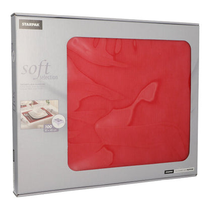 Une boîte argentée avec l'inscription « Starpak Soft Selection » contient 100 sets de table rouges, en non-tissé semblable à du tissu (30 x 40 cm) avec une fenêtre en plastique transparent - idéal pour une décoration de table élégante ou comme sets de table stylés.