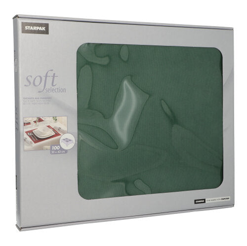 Une boîte de 100 sets de table Starpak, semblables à du tissu, en non-tissé « Soft Selection » (30 x 40 cm), dispose d'une fenêtre transparente et d'une photo d'une décoration de table élégante sur la face avant.