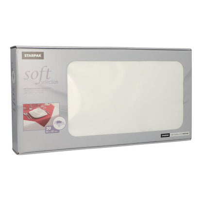 Die Starpak „Soft Selection“ Box enthält 20 weiße, stoffähnliche Vlies-Mitteldecken (80 x 80 cm), sichtbar durch ein Klarsichtfenster – ideal für die Gastronomie.