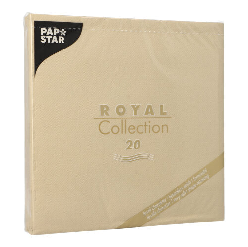 Un paquet beige de 20 serviettes "ROYAL Collection" 1/4 pli (40x40cm) de PAPSTAR GmbH avec un texte doré et une étiquette noire en haut à gauche - idéal pour une décoration de table élégante.