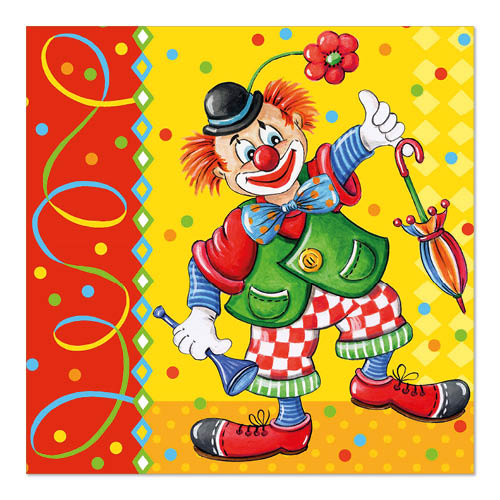 Un clown de dessin animé avec des cheveux orange, un nez rouge et de grandes chaussures se tient sur un fond coloré. Il tient un cor bleu et 100 serviettes PAPSTAR (3 couches, 33x33cm) de PAPSTAR GmbH ainsi qu'un parapluie rayé dans la main. Le clown porte un nœud papillon et un chapeau avec une fleur en pointe.