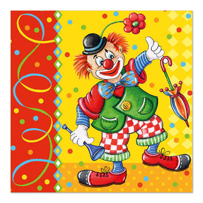 Un clown de dessin animé avec des cheveux orange, un nez rouge et de grandes chaussures se tient sur un fond coloré. Il tient un cor bleu et 100 serviettes PAPSTAR (3 couches, 33x33cm) de PAPSTAR GmbH ainsi qu'un parapluie rayé dans la main. Le clown porte un nœud papillon et un chapeau avec une fleur en pointe.