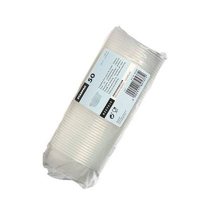 Un paquet emballé en plastique contenant 50 gobelets à dressing Starpak transparents (PP, Ø 7,1 cm) avec une étiquette blanche avec des détails sur le produit, la quantité, le code-barres et les symboles de recyclage.