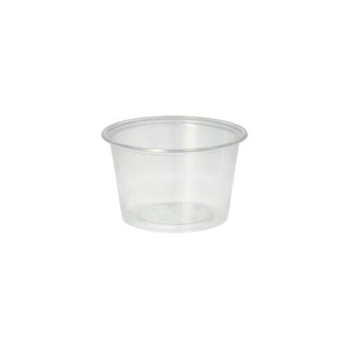 Un gobelet Starpak 50 Dressing transparent, PP rond Ø 7,1 cm, est vide et sans couvercle, centré sur un fond blanc simple.
