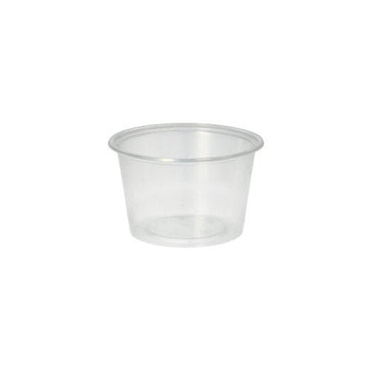 Un gobelet Starpak 50 Dressing transparent, PP rond Ø 7,1 cm, est vide et sans couvercle, centré sur un fond blanc simple.