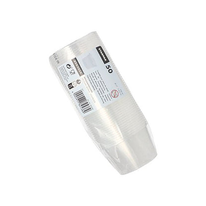 Un paquet de 50 gobelets à dressing Starpak (PP, rond, Ø 7,1 cm, transparent) est empilé et enveloppé dans du plastique transparent, avec une étiquette blanche avec des détails sur le produit et un code-barres - parfait pour les services traiteur ou à utiliser comme gobelet à dressing.