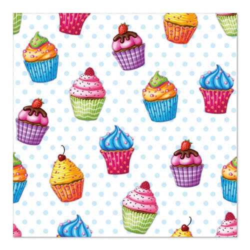 Un motif sans couture de cupcakes colorés avec différents glaçages et décorations, inspiré par le design de 20 serviettes 33x33cm 3-plis Set 5 de PAPSTAR GmbH, sur un fond blanc avec des points bleu clair.