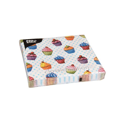 Un ensemble de 20 serviettes de PAPSTAR GmbH (33x33 cm, 3-plis, 1/4 plié) avec un motif de pois bleu clair et de cupcakes. Sur le devant est imprimé l'inscription "classic edition", le logo PAPSTAR est situé en haut à gauche pour un style et une durabilité supplémentaires.