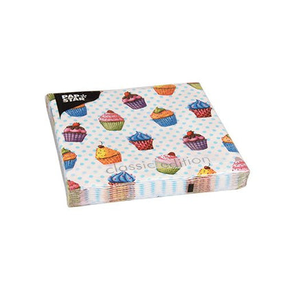 Un ensemble de 20 serviettes de PAPSTAR GmbH (33x33 cm, 3-plis, 1/4 plié) avec un motif de pois bleu clair et de cupcakes. Sur le devant est imprimé l'inscription "classic edition", le logo PAPSTAR est situé en haut à gauche pour un style et une durabilité supplémentaires.