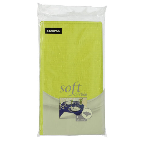 La nappe Starpak vert clair « Soft Selection » en non-tissé semblable à du tissu (120 x 180 cm) est livrée avec une table dressée.