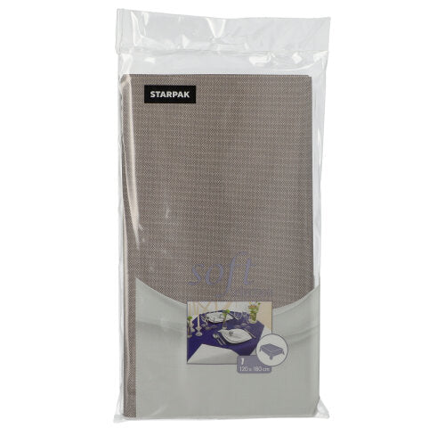 Une nappe Starpak emballée, semblable à du tissu, en non-tissé « Soft Selection » 120 cm x 180 cm, est montrée dans un plastique transparent. Sur le devant, une table dressée et des détails sur le produit sont illustrés, à l'intérieur, le matériau beige est visible.