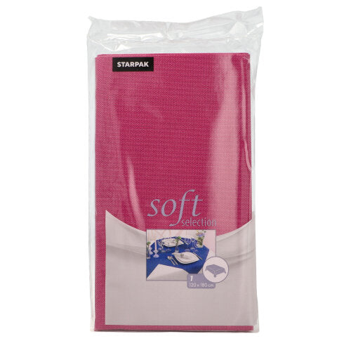 La nappe Starpak Soft Selection en non-tissé semblable à du tissu aux dimensions 120 x 180 cm est livrée en couleur rose avec un emballage transparent et une étiquette de table dressée.