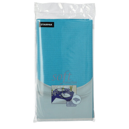 La nappe Starpak « Soft Selection » (120 x 180 cm) est livrée dans un emballage scellé en plastique transparent. L'étiquette montre une table dressée et des détails sur le produit. Marque : Starpak.