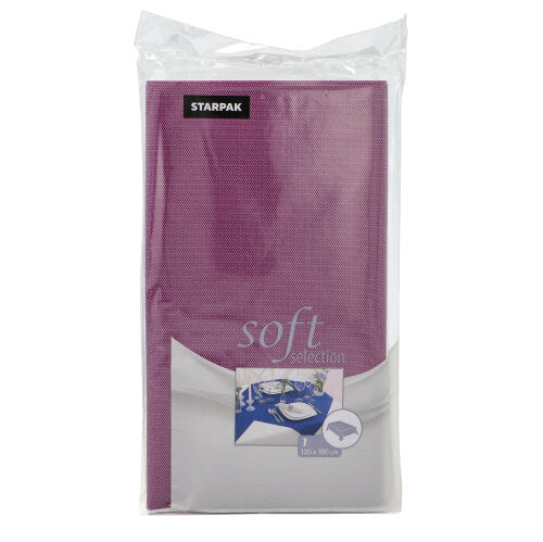 La nappe Starpak « Soft Selection » est une nappe en non-tissé semblable à du tissu, 120 x 180 cm, en violet et blanc, emballée dans un film avec la marque Starpak sur le devant.