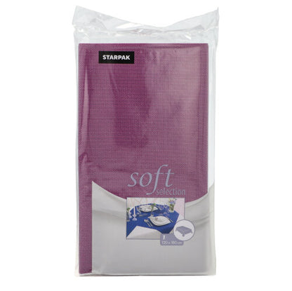 La nappe Starpak « Soft Selection » est une nappe en non-tissé semblable à du tissu, 120 x 180 cm, en violet et blanc, emballée dans un film avec la marque Starpak sur le devant.